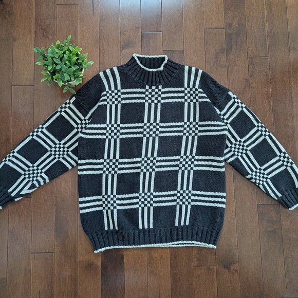 CHUNKY KNIT CHECKER PRINT VINTAGE TURTLENECK SWEATER - Picture 1 of 3